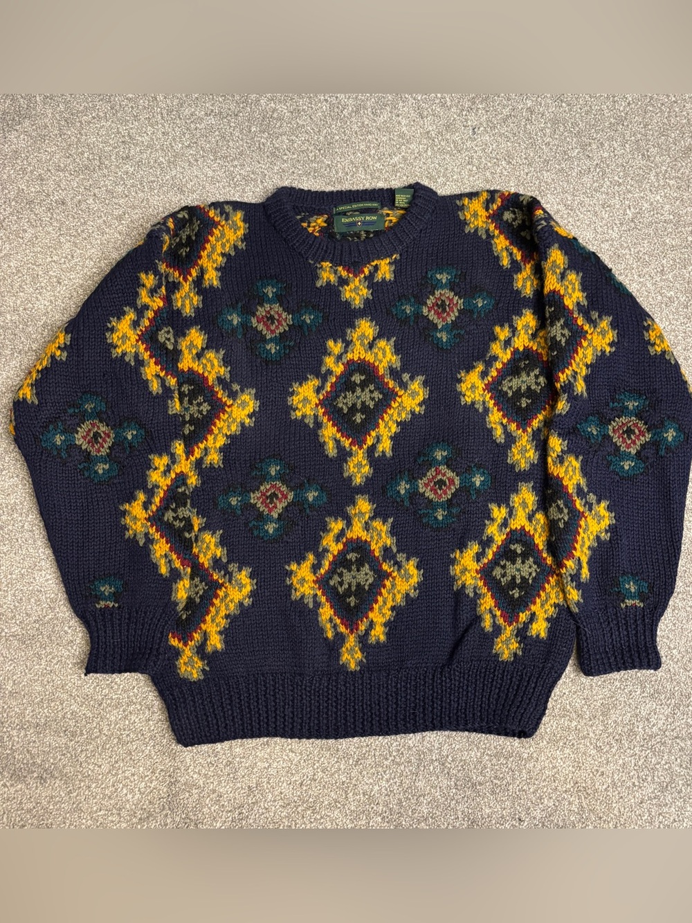 Classic Navy Crewneck Sweater with Yellow Fair Isle Motif ~ 100% Wool